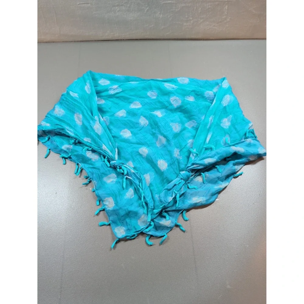 Turquoise Blue Polka Dot Triangular Scarf with Tassel Trim Boho Lightweight